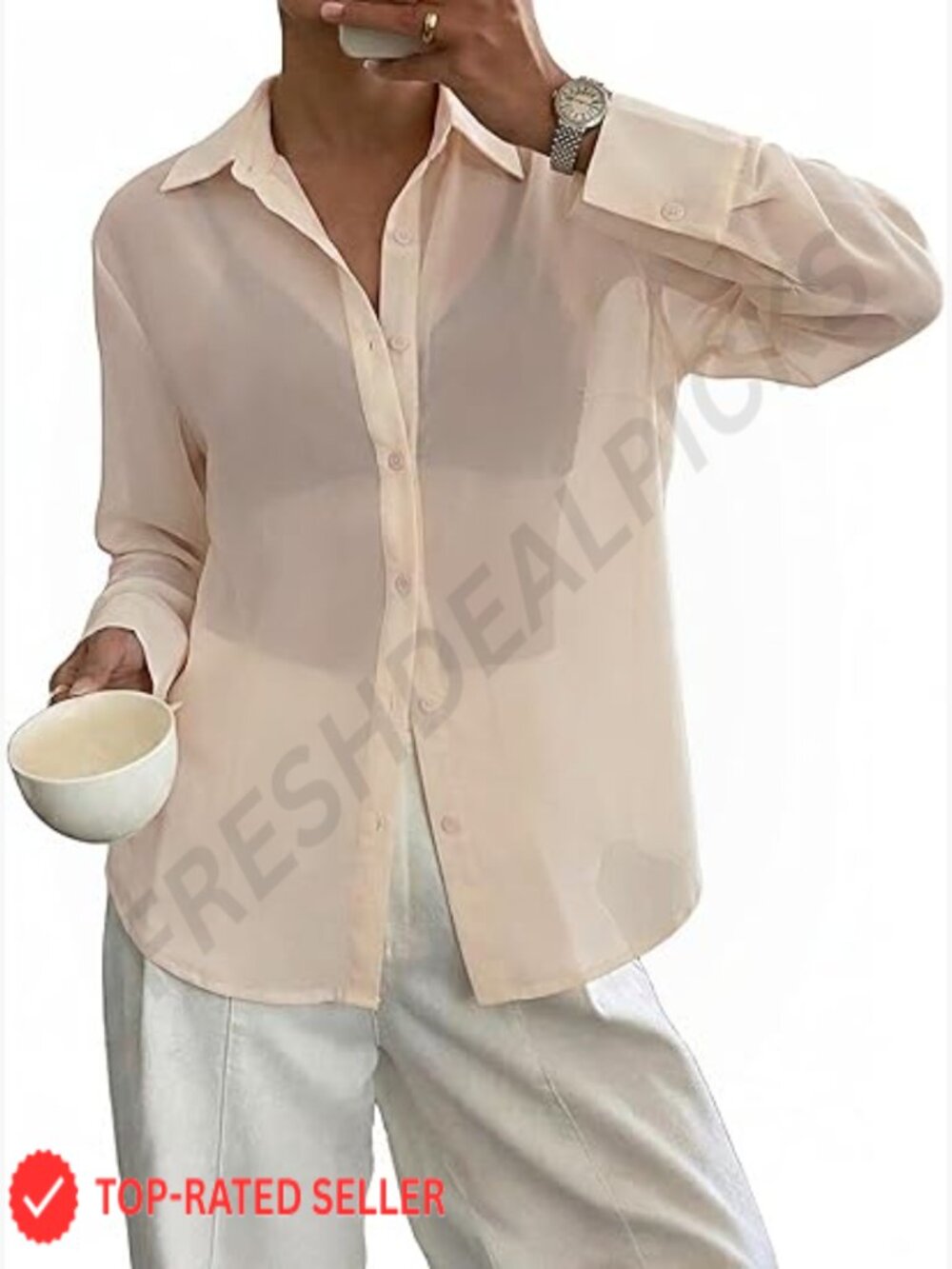 Sheer Button Down Blouse Loose Fit Sexy Beach Cover Up Long Sleeve